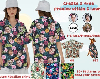 Custom Hawaiian Shirt for Men Women Kid Pet with Face, Hawaiian Shirt Logo, Vacation Holiday Gift, Birthday Hawaiian Gift,Custom Summer Gift