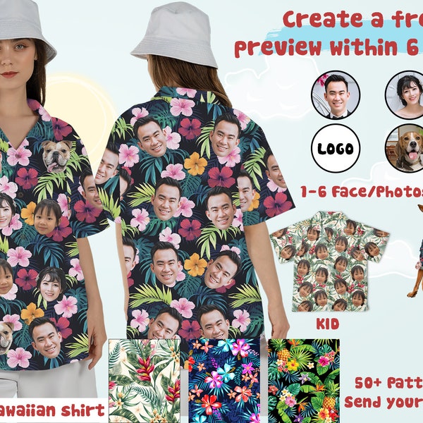 Custom Hawaiian Shirt for Men Women Kid Pet with Face, Hawaiian Shirt Logo, Vacation Holiday Gift, Birthday Hawaiian Gift,Custom Summer Gift