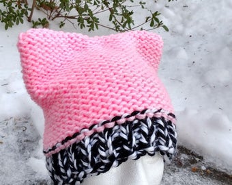 Zebra Pink Pussyhat, Reversible, Hand Knitted