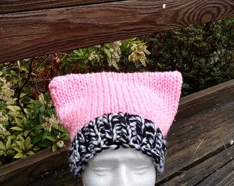 Zebra Pink Pussyhat, Reversible, Hand Knitted