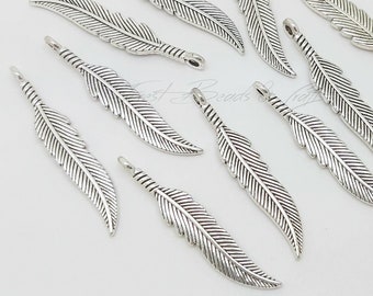 10 x Feather Charms ~ Tibetan Style Antique Silver ~ 37mm x 7mm