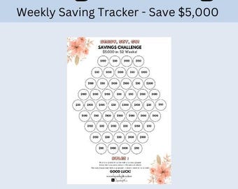 Savings Tracker, 5,000 Savings Challenge Printable, 52 Envelope Savings Challenge, 5,000 Savings Challenge, 5K Savings Tracker, A4, A5, A6