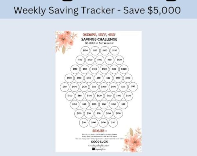 Savings Tracker, 5,000 Savings Challenge Printable, 52 Envelope Savings Challenge, 5,000 Savings Challenge, 5K Savings Tracker, A4, A5, A6