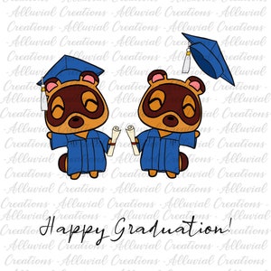 May include: A digital illustration featuring two cartoon characters in graduation attire. They wear blue caps and gowns, holding diplomas. The phrase "Happy Graduation!" is written in cursive below the characters.