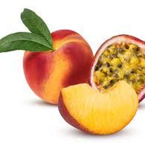 May include: A whole peach, a slice of peach, and a halved passion fruit with seeds. The peach is red and yellow, and the passion fruit is yellow with black seeds.