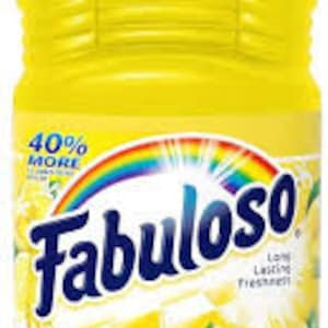 May include: A yellow plastic bottle of Fabuloso lemon-scented multi-surface cleaner with a rainbow and the text "40% More" and "Long Lasting Freshness".