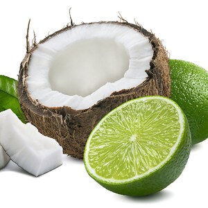 May include: A halved coconut with white flesh, a whole lime, and a lime wedge, all on a white background.