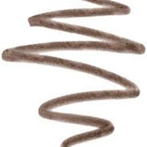 May include: A brown eyeliner pencil with a sharp point. The pencil is lying on a white surface and is slightly curved.