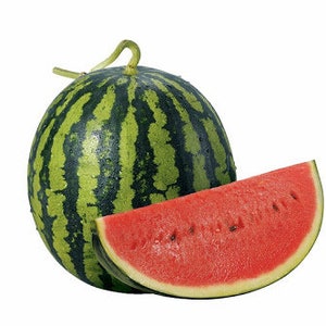 May include: A whole watermelon with a slice cut out. The watermelon is green with dark green stripes. The slice is red with black seeds.