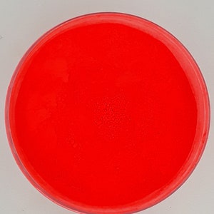 Könnte beinhalten: Eine leuchtend rote Flüssigkeit in einem durchsichtigen runden Behälter.