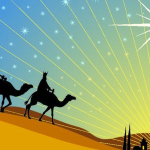 May include: Three wise men riding camels towards a bright star in the sky. The star is white and has a yellow glow. The camels are black silhouettes against a blue and yellow sky. The wise men are also black silhouettes.