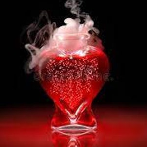 May include: A heart-shaped glass bottle filled with a red liquid and topped with white smoke forming a heart shape.