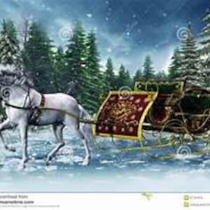 Puede incluir: Un caballo blanco tirando de un trineo negro con un interior rojo y dorado a través de un bosque nevado. El caballo lleva un arnés y el trineo tiene un techo verde.