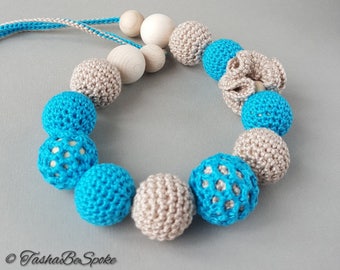 Handmade Crochet Necklace: Turquoise Cotton & Wood Bead Statement Jewelry