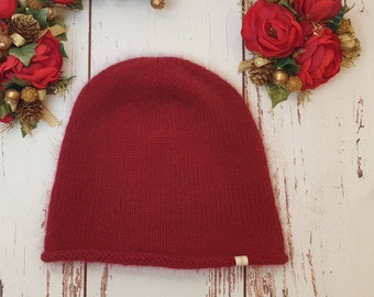 Hand-Knitted Mink Angora Beanie, Women's Slouchy Knit Hat