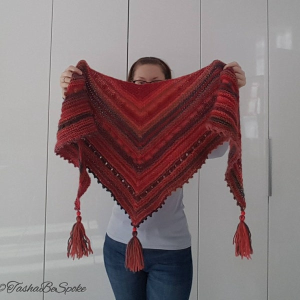 Knitted shawl for women, Triangular shawl with tassels, Handmade woolen shawlette, Shoulder wrap  for women, Birthday unique gift for her