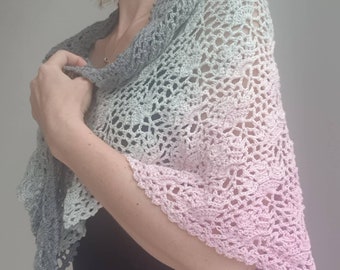 Crochet women shawl, Grey and pink triangular shawl, Cotton shoulder wrap, Handmade wedding shawl, Birthday gift for women, Gift for mother