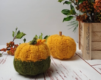 Hand Knitted Cable Knit Pumpkins, Autumn Decor, Set of 2
