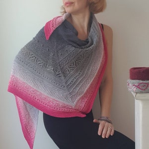 Handmade Cotton Blend Shawl, Pink & Grey Knitted Shoulder Wrap, Women knit scarf image 1