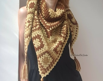 Women alpaca shawl, Handmade Granny square shawl, Crochet yellow shoulder wrap, Triangular shawl, Gift for mother, Birthday gift for women