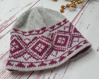 Hand knitted hat for women, Fair isle knit hat, Grey and purple hat, Fashion knit hat, Handcrafted gift for women, Birthday gift for her