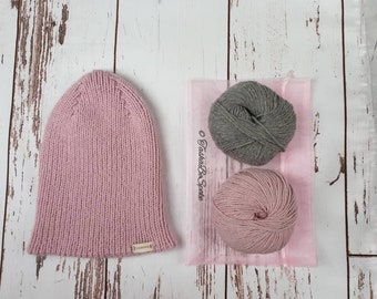 Hand Knitted Pink Beanie, Merino Cotton Mohair Blend