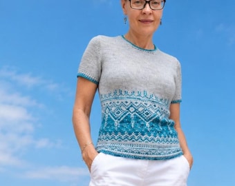 Hand knitted colour work women top, Fair Isle merino wool knit t-shirt, Women's UK 10 / US 6 / EU 38