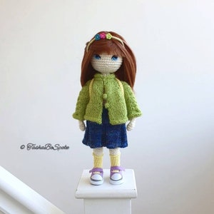 Pu&ograve; includere: Una bambola all'uncinetto con lunghi capelli castani, che indossa un cardigan verde, una gonna blu, calzini gialli e scarpe da ginnastica bianche. La bambola indossa una fascia per capelli con fiori colorati.