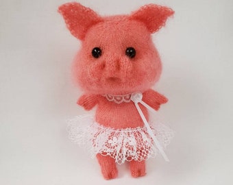 Knitted Piglet Doll, Mohair Pink Piggy in Ballet Skirt, Nursery room décor