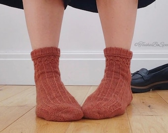 Handgebreide merino-yaksokken, roestbruine herfstkleur, damesmaat: UK: 5,5-6