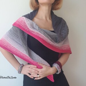 Handmade Cotton Blend Shawl, Pink & Grey Knitted Shoulder Wrap, Women knit scarf image 2