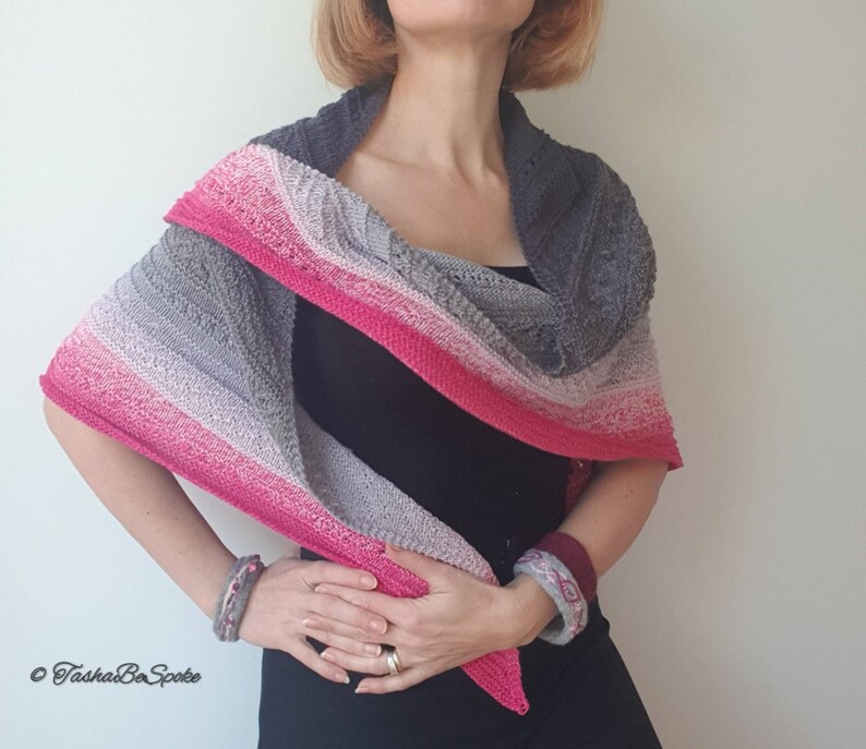 Handmade Cotton Blend Shawl, Pink & Grey Knitted Shoulder Wrap, Women knit scarf image 2