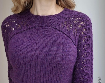 Hand Knitted Merino Wool women Jumper, Mulberry Lace Sleeve Pullover (UK 10-12)