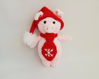 Crochet Piglet Plush Toy, Amigurumi Piggy Doll in Red Hat