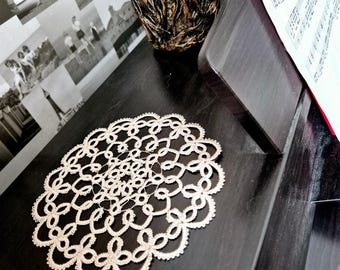 Handcrafted Tatting Doily: Beige Cotton Lace Coaster, Home Decor
