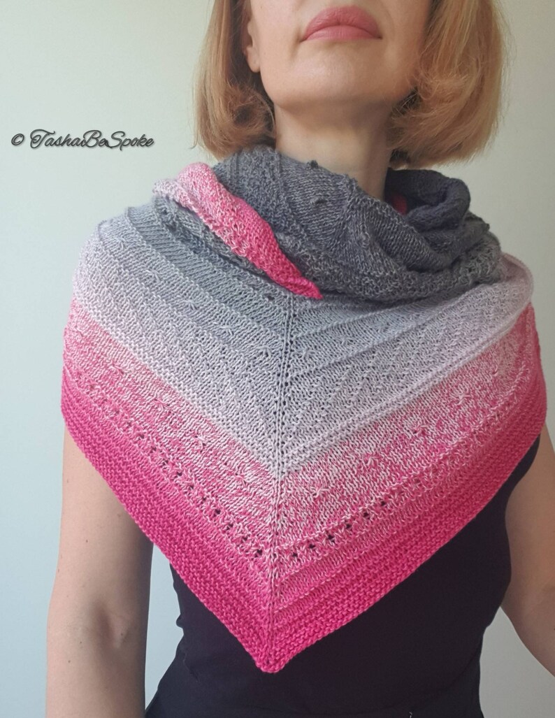 Handmade Cotton Blend Shawl, Pink & Grey Knitted Shoulder Wrap, Women knit scarf image 3