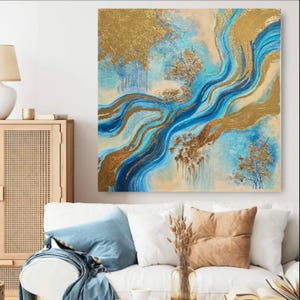 Original Textured Abstract Painting, Acrylic Canvas Art, Blue and Gold Leaf Artwork, Mindful home décor