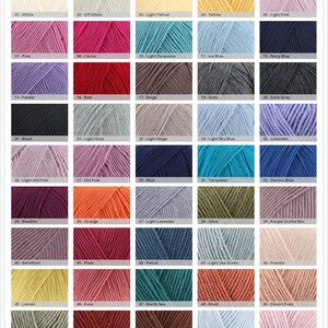 May include: A color chart of yarn samples, showing 54 different colors. The colors are arranged in rows of five, with each color labeled with a number and a name. The colors include white, off white, light yellow, yellow, light pink, pink, cerise, light turquoise, ice blue, navy blue, purple, red, beige, grey, dark grey, black, light grey, light beige, light sky blue, lavender, light old pink, old pink, blue, turquoise, electric blue, heather, orange, light lavender, olive, purple orchid mix, amethyst, plum, petrol, light sea green, powder, lemon, rose, north sea, blush, desert rose, sage green, bordeaux, chocolate, dew, and powder pink.