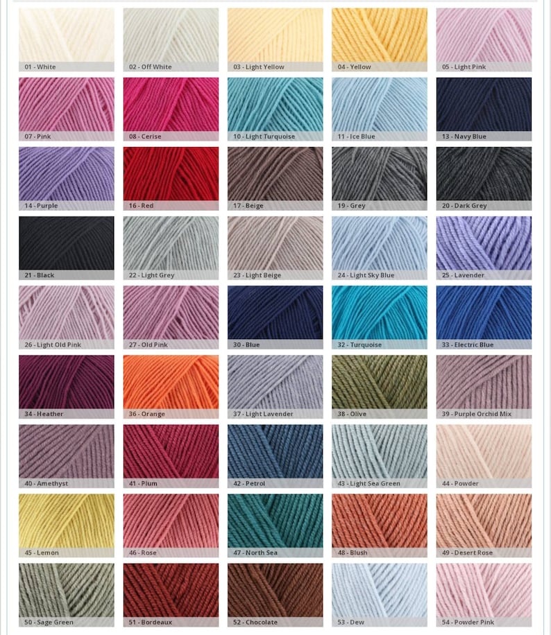 May include: A color chart of yarn samples, showing 54 different colors. The colors are arranged in rows of five, with each color labeled with a number and a name. The colors include white, off white, light yellow, yellow, light pink, pink, cerise, light turquoise, ice blue, navy blue, purple, red, beige, grey, dark grey, black, light grey, light beige, light sky blue, lavender, light old pink, old pink, blue, turquoise, electric blue, heather, orange, light lavender, olive, purple orchid mix, amethyst, plum, petrol, light sea green, powder, lemon, rose, north sea, blush, desert rose, sage green, bordeaux, chocolate, dew, and powder pink.