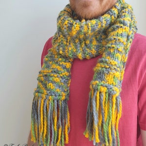 May include: A knitted scarf with yellow, green, and gray stripes and long fringe tassels.