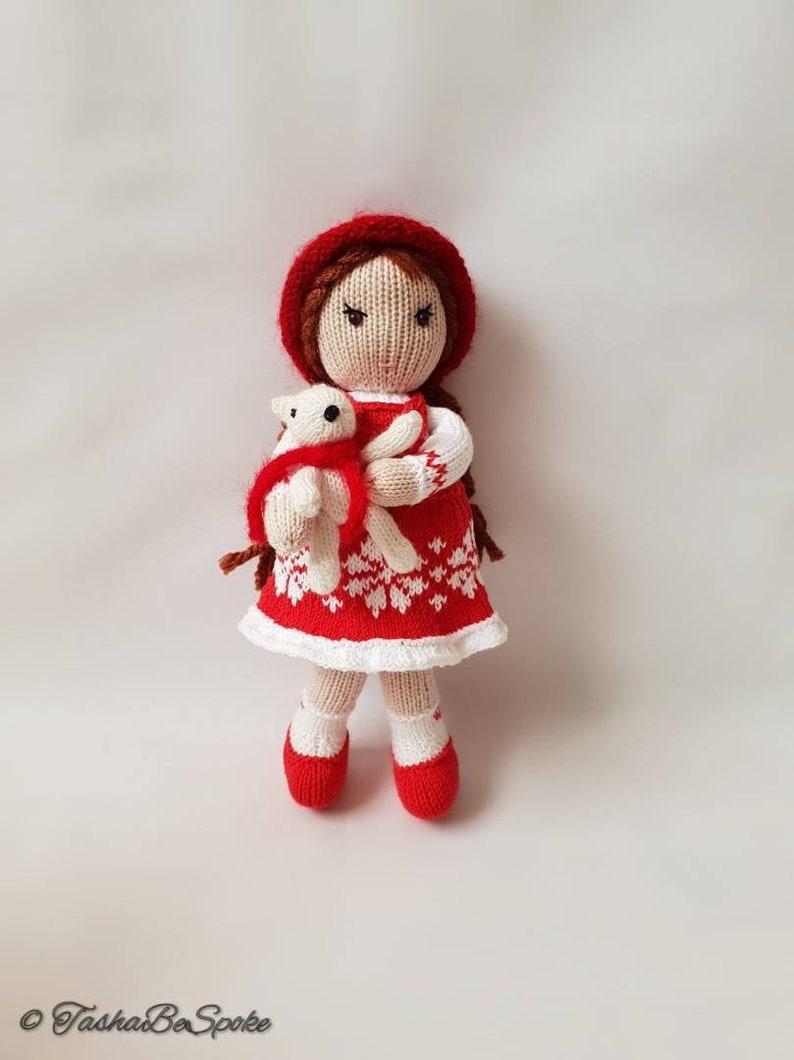 Handmade Knitted Doll Masha in Red Dress with Cashmere Bear image 1