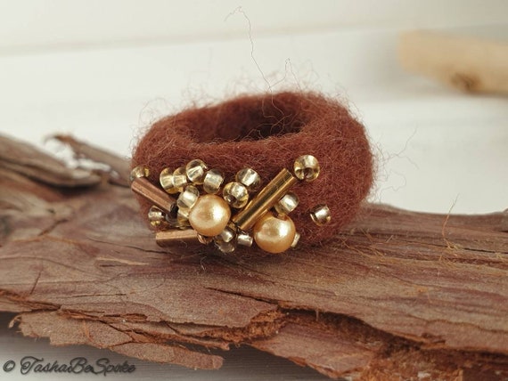 Handmade Merino Wool Felted Ring Beaded Textile Jewellery