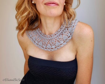 Hand Crochet Silk Collar, Silver Grey Lace Neckpiece, Detachable collar