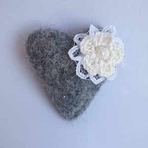 Felted Heart Brooch Merino Wool Pin with Crochet Flower Textile jewellery Handcrafted unique jewellery