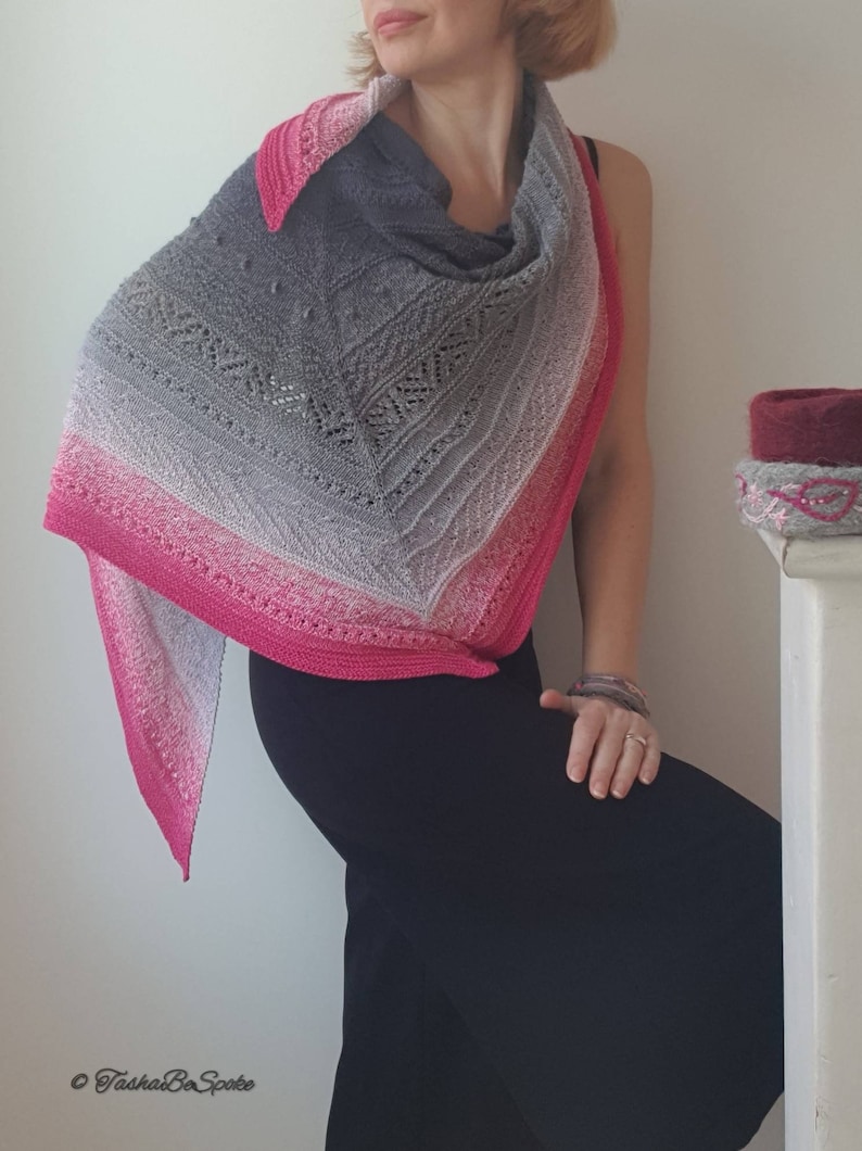 Handmade Cotton Blend Shawl, Pink & Grey Knitted Shoulder Wrap, Women knit scarf image 1