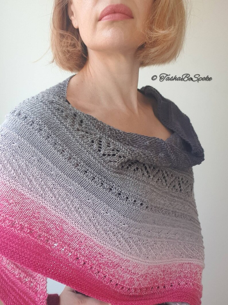 Handmade Cotton Blend Shawl, Pink & Grey Knitted Shoulder Wrap, Women knit scarf image 5