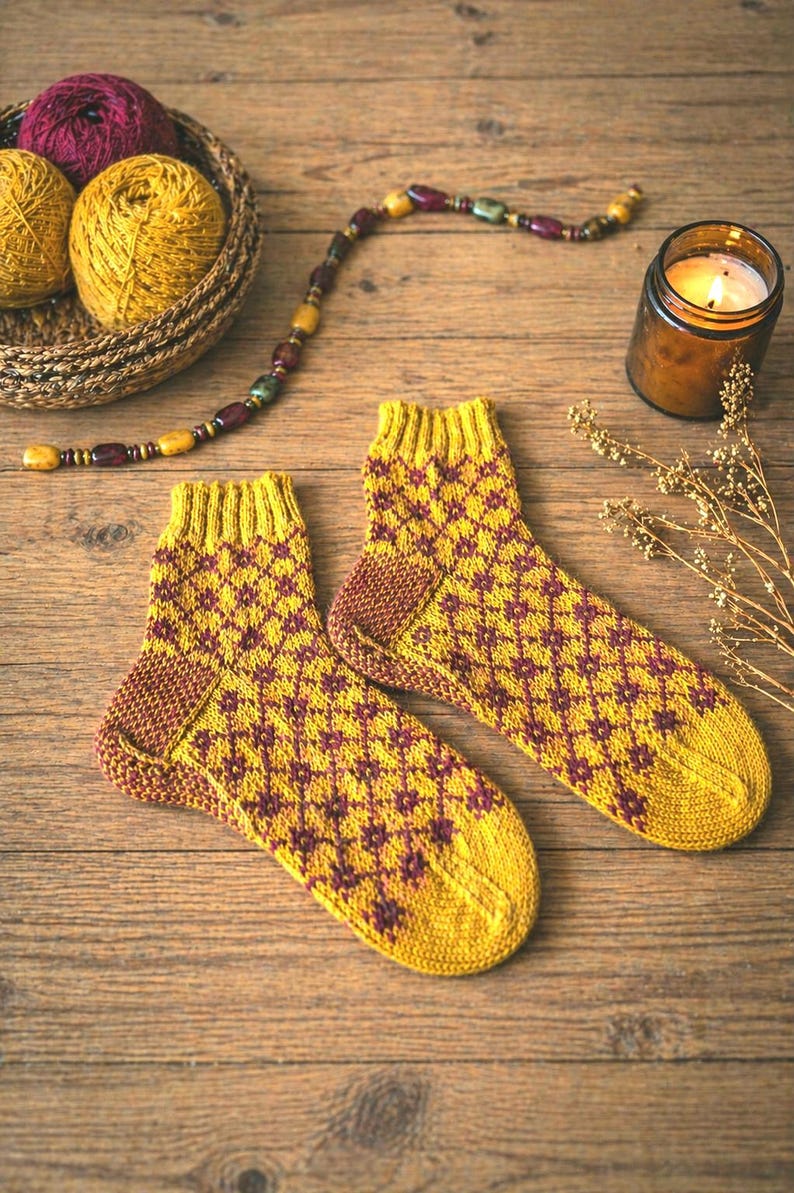 May include: A pair of handmade yellow and burgundy patterned socks. The socks feature a geometric design and are displayed on a wooden surface. Other items in the image include yarn, a candle, and decorative beads.