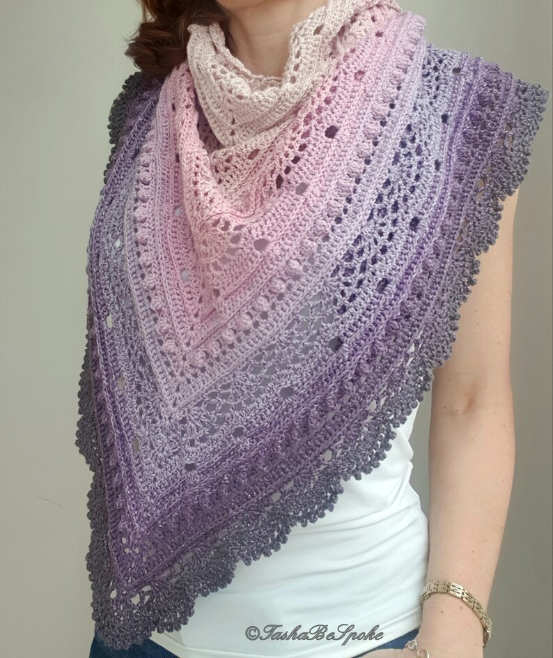 Crochet Shawl, Cotton Hand Knitted Shawl, Pink and Purple Triangular ...