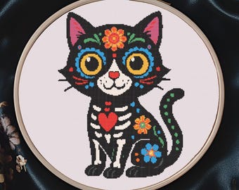 Day of the Dead Dia De Los Muertos Cross Stitch, 150x194  Sugar Skull Cat Cross Stitch Pattern PDF Digital Download Modern Cross Stitch Gift