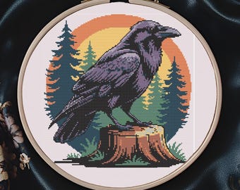 Raven Cross Stitch Pattern, 148x150,  Cottagecore design, PDF Digital Download, Modern Gothic